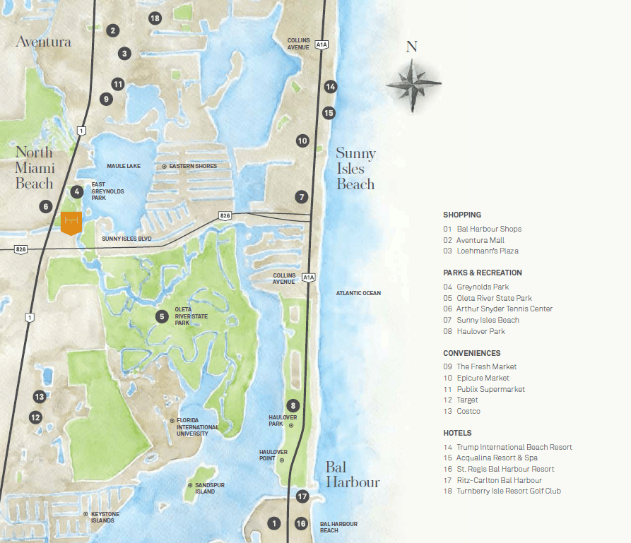 Area map of The Harbour Condo near Aventura, North Miami Beach, Sunny Isles Beach, and Bal Harbour